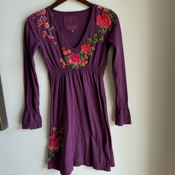 Johnny Was Long Sleeve Flower Embroidered Mini Dress Purple Size XS - Picture 9 of 11